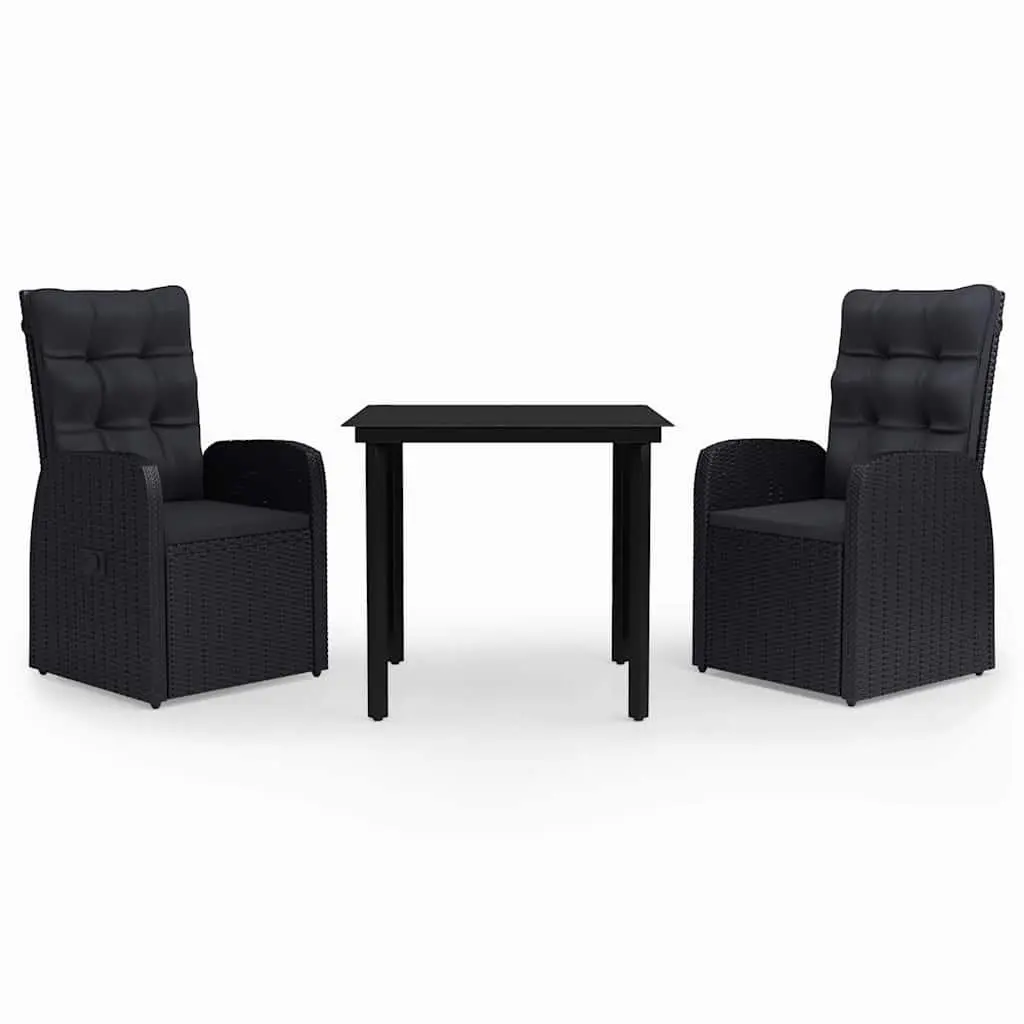 3 Piece Patio Dining Set Lightweight Black Chairs and Glass Table with Cushions