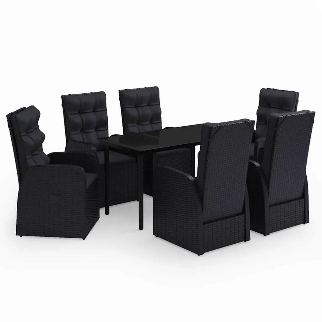 Outdoor Dining Set 7 Piece Black Rattan Chairs Glass Top Patio Furniture