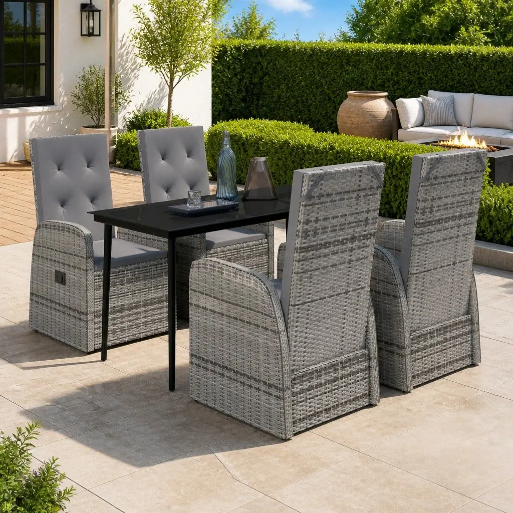 Garden Dining Set 5 Piece Grey Outdoor Patio Furniture Table with Glass Top and Cushions