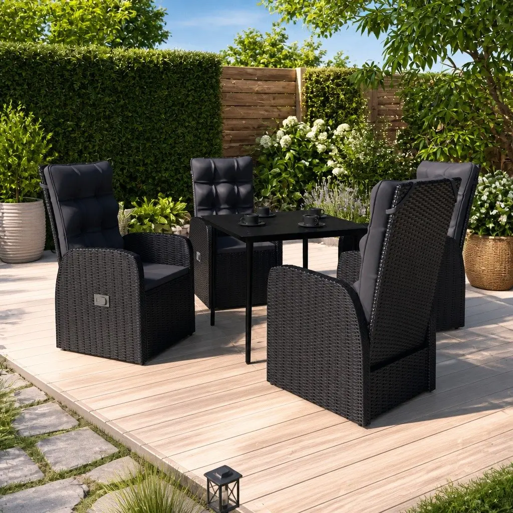 5 Piece Outdoor Garden Dining Set Cushioned Rattan Chairs Steel Frame Black