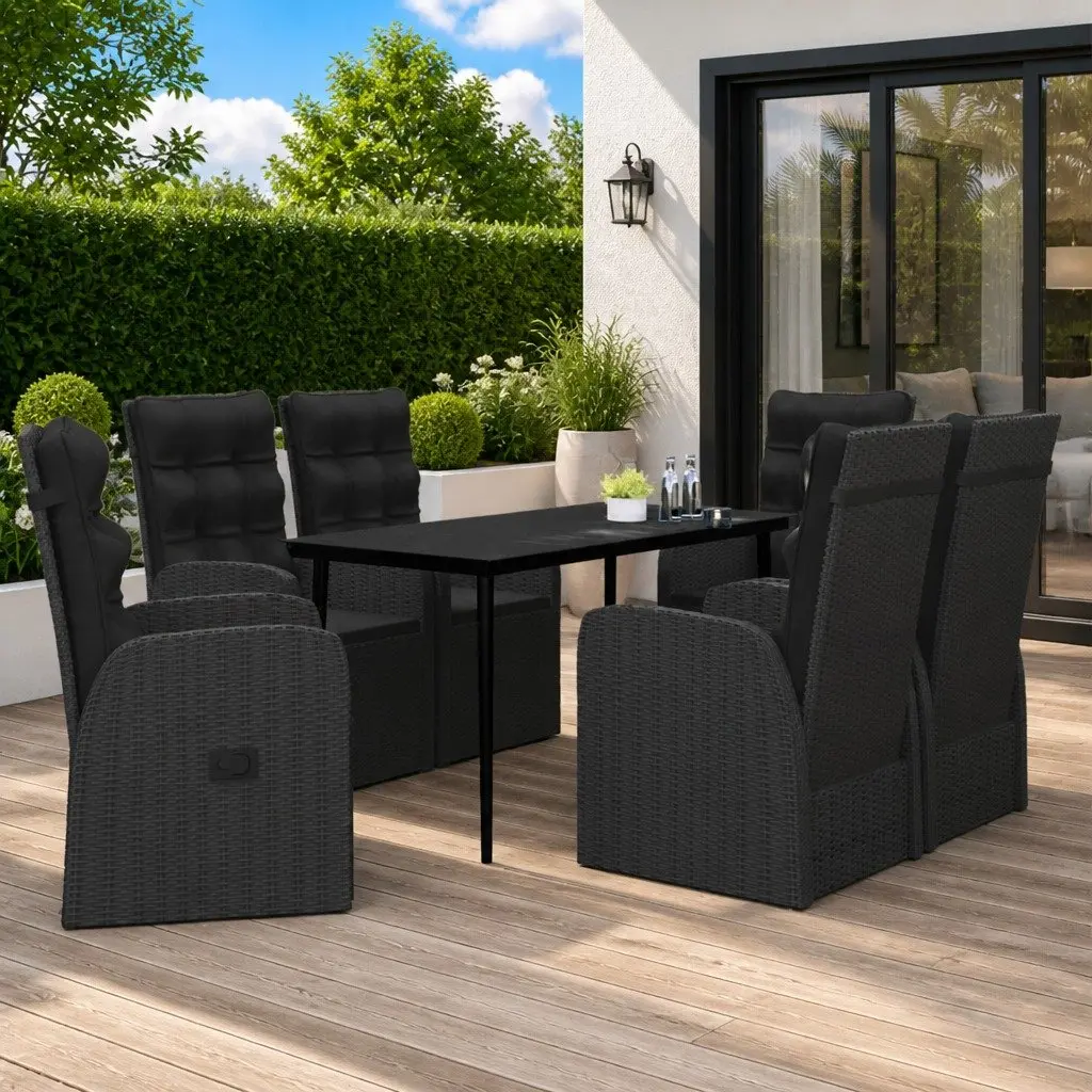 7 Piece Garden Dining Set with Glass Top and Cushions Black Rattan Chairs Outdoor Patio Furniture