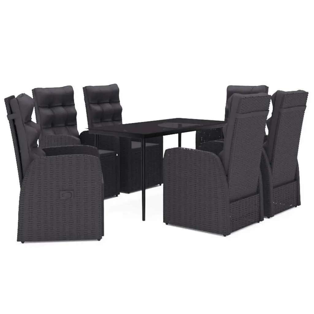7 Piece Garden Dining Set with Glass Top and Cushions Black Rattan Chairs Outdoor Patio Furniture