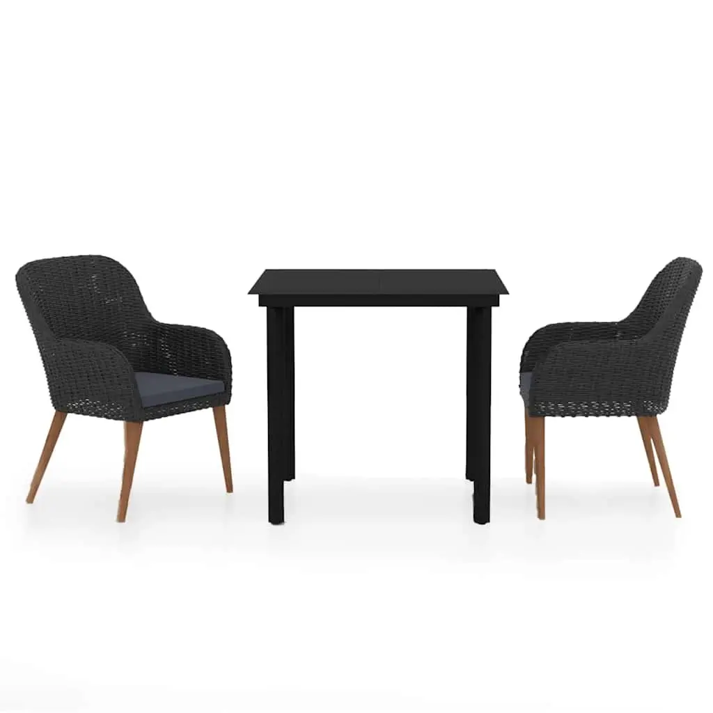 Garden Dining Set 3 Piece Outdoor Furniture Black Table with Glass Top and Cushions