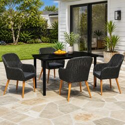 5 Piece Outdoor Garden Dining Set Black Rattan Chairs Glass Table Cushions