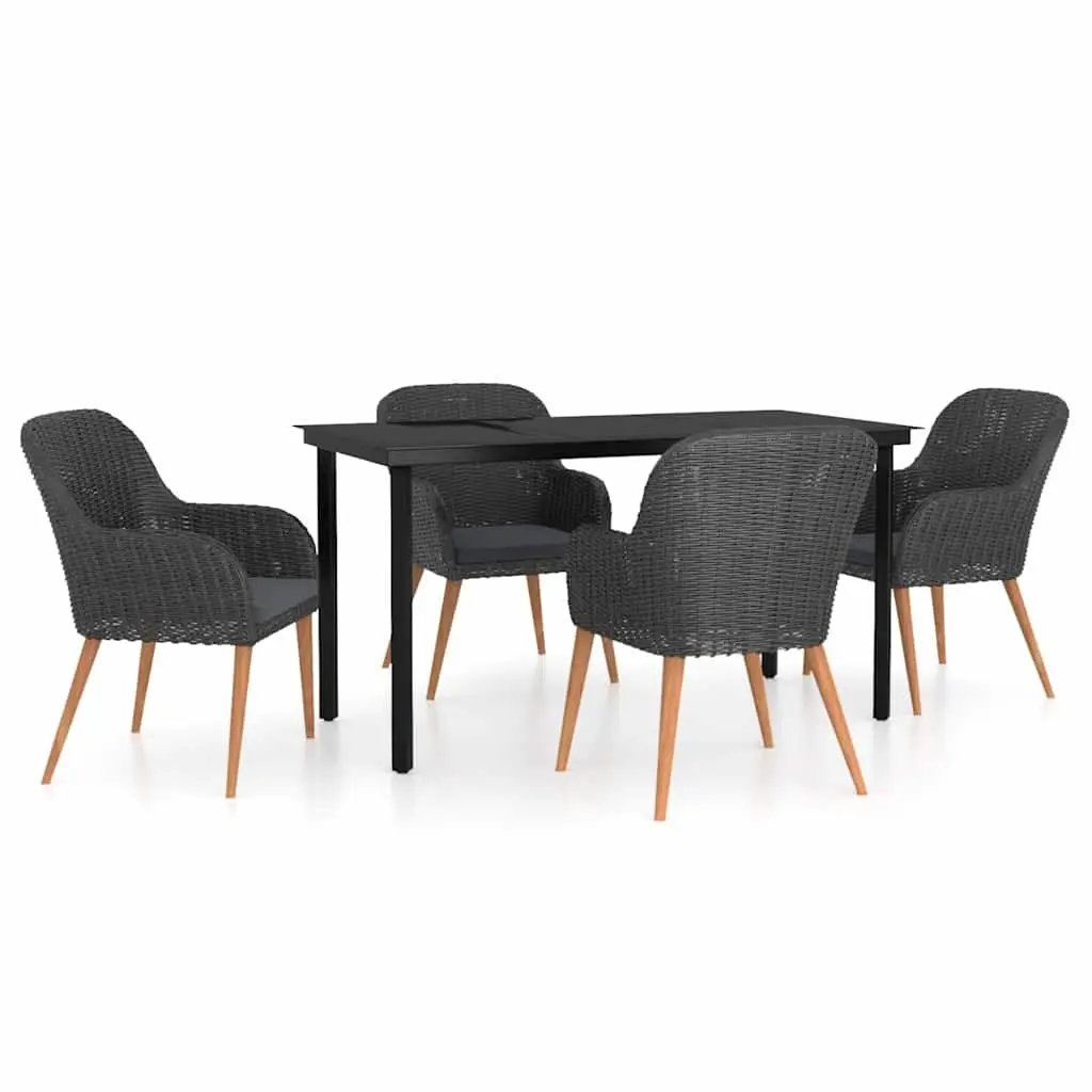 Outdoor Dining Set with Glass Table and Cushions Black Rattan 5 Piece
