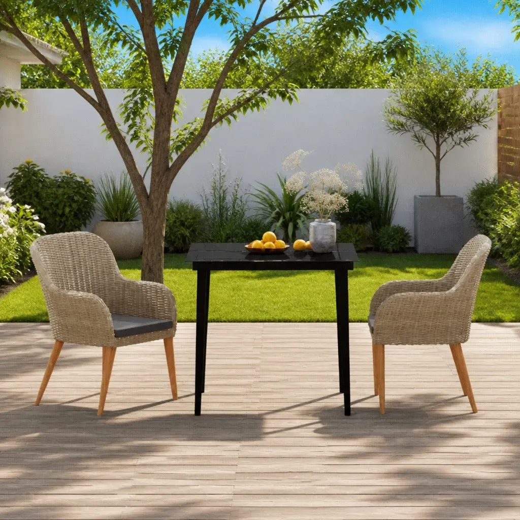 Garden Dining Set 3 Piece Outdoor Furniture Table with Glass Top and Chairs with Cushions Brown