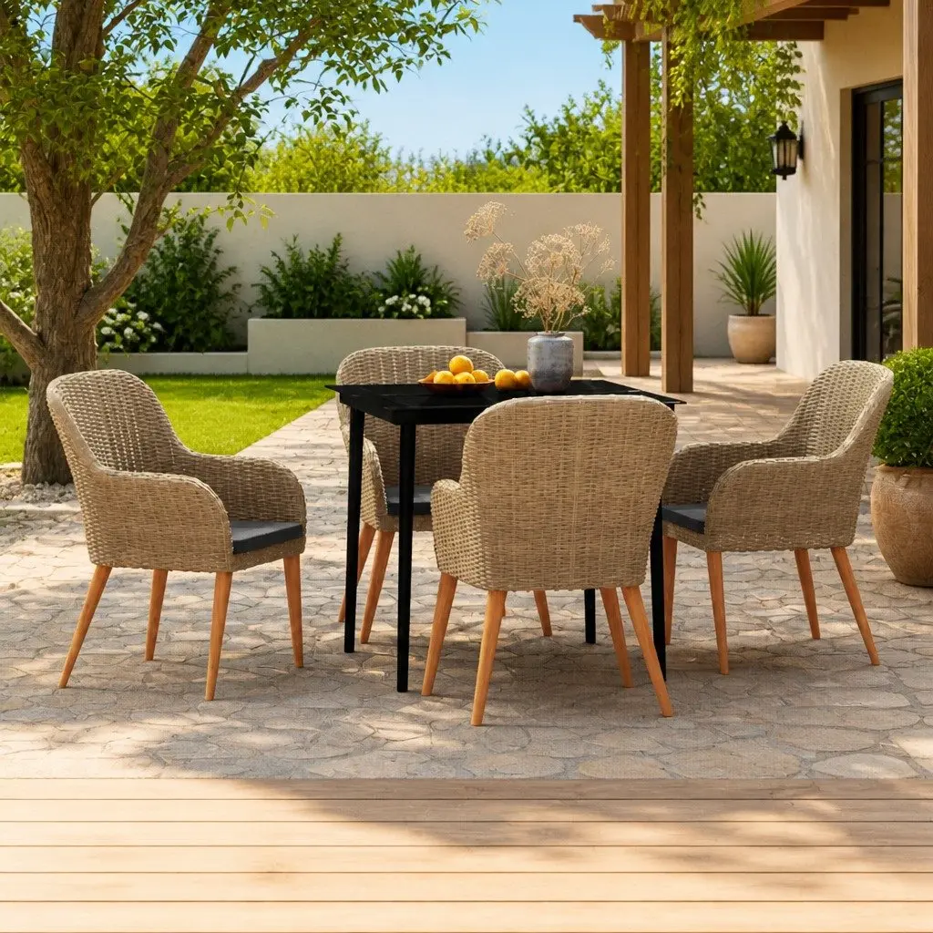 Garden Dining Set 5 Piece Outdoor Furniture Brown Powder-Coated Steel Frames Water-Resistant PE Rattan Cushions