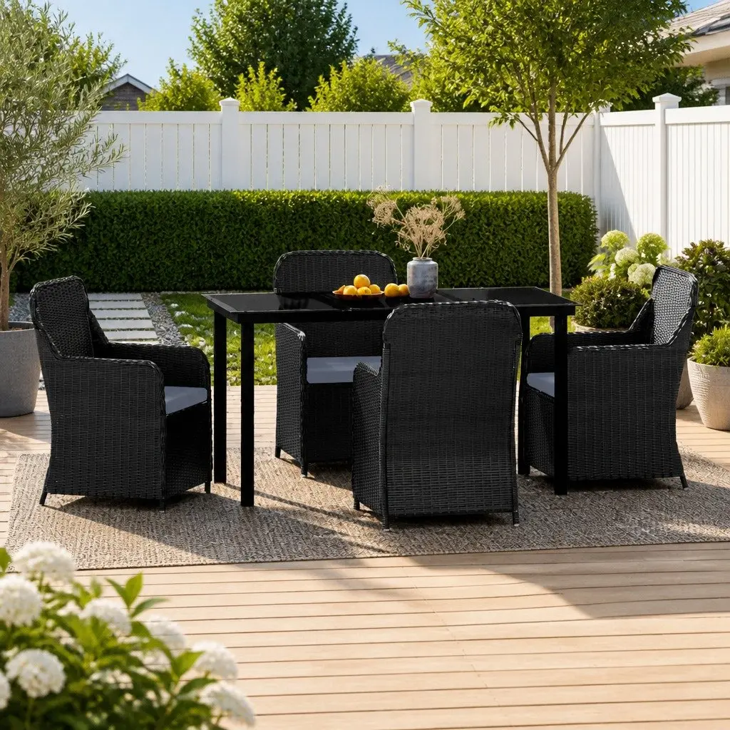 5 Piece Rattan Chair Outdoor Dining Set with Glass Table and Black Steel Frame for Garden or Patio