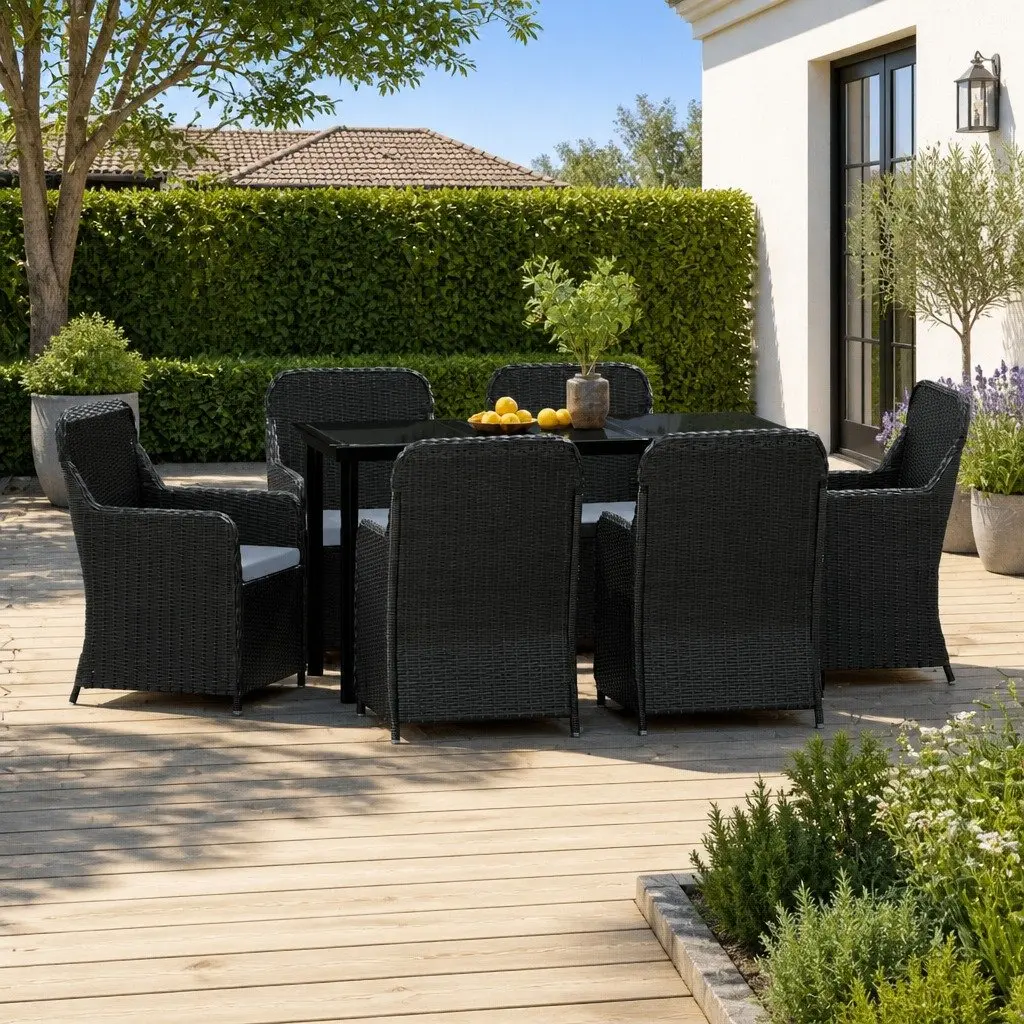 7 Piece Garden Dining Set Black Rattan Chairs Glass Top Table