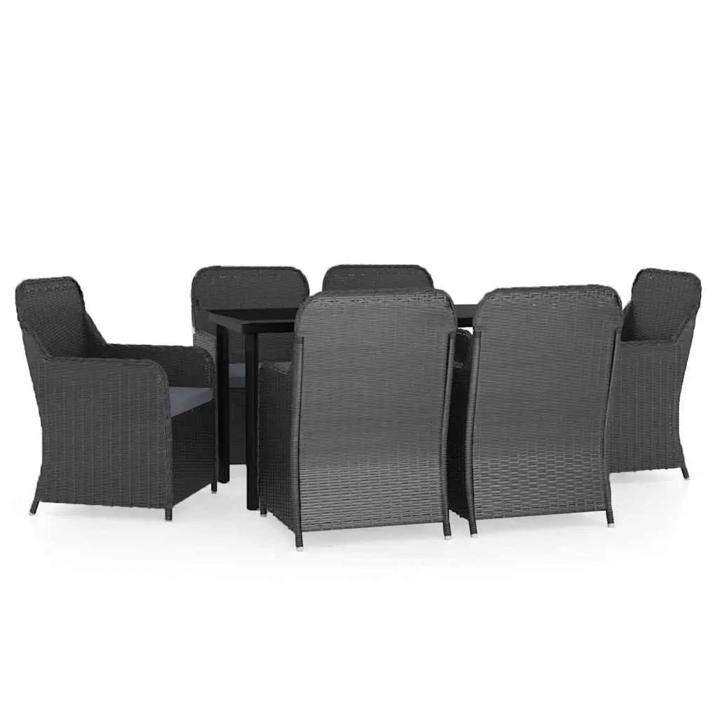 7 Piece Garden Dining Set Black Rattan Chairs Glass Top Table