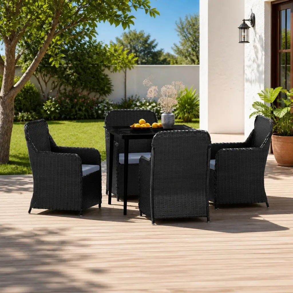 5 Piece Garden Dining Set Black Outdoor Patio Furniture with Cushions Glass Top