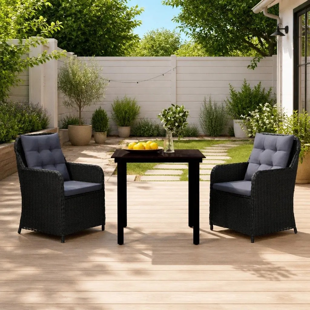 Outdoor Dining Set 3 Piece Garden Furniture Black Steel Frame PE Rattan Chairs
