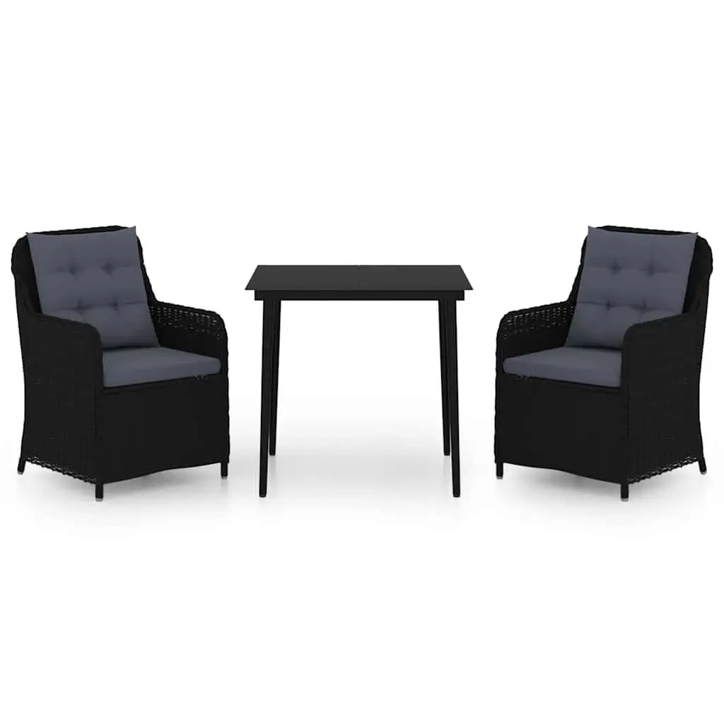 3 Piece Garden Dining Set Black Steel Frame PE Rattan Chairs Glass Tabletop