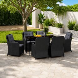7 Piece Outdoor Garden Dining Set Black Steel Frame PE Rattan Chairs Glass Table