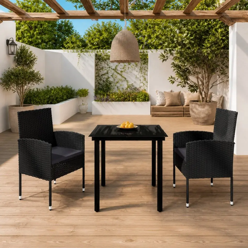 Garden Dining Set 3 Piece Outdoor Furniture Black Steel Frame Water Resistant PE Rattan
