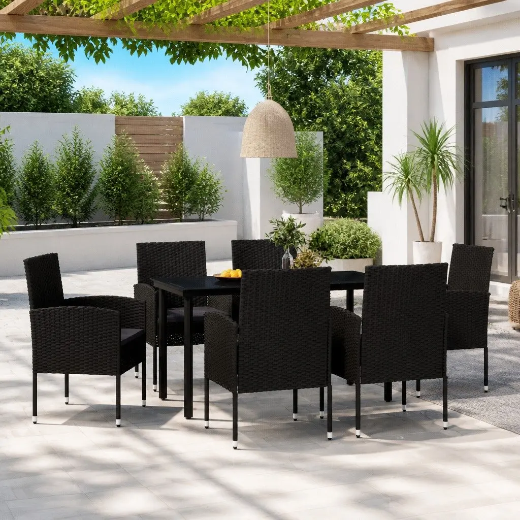 Steel Frame Garden Dining Set 7 Piece Black Glass Top Outdoor Patio Furniture