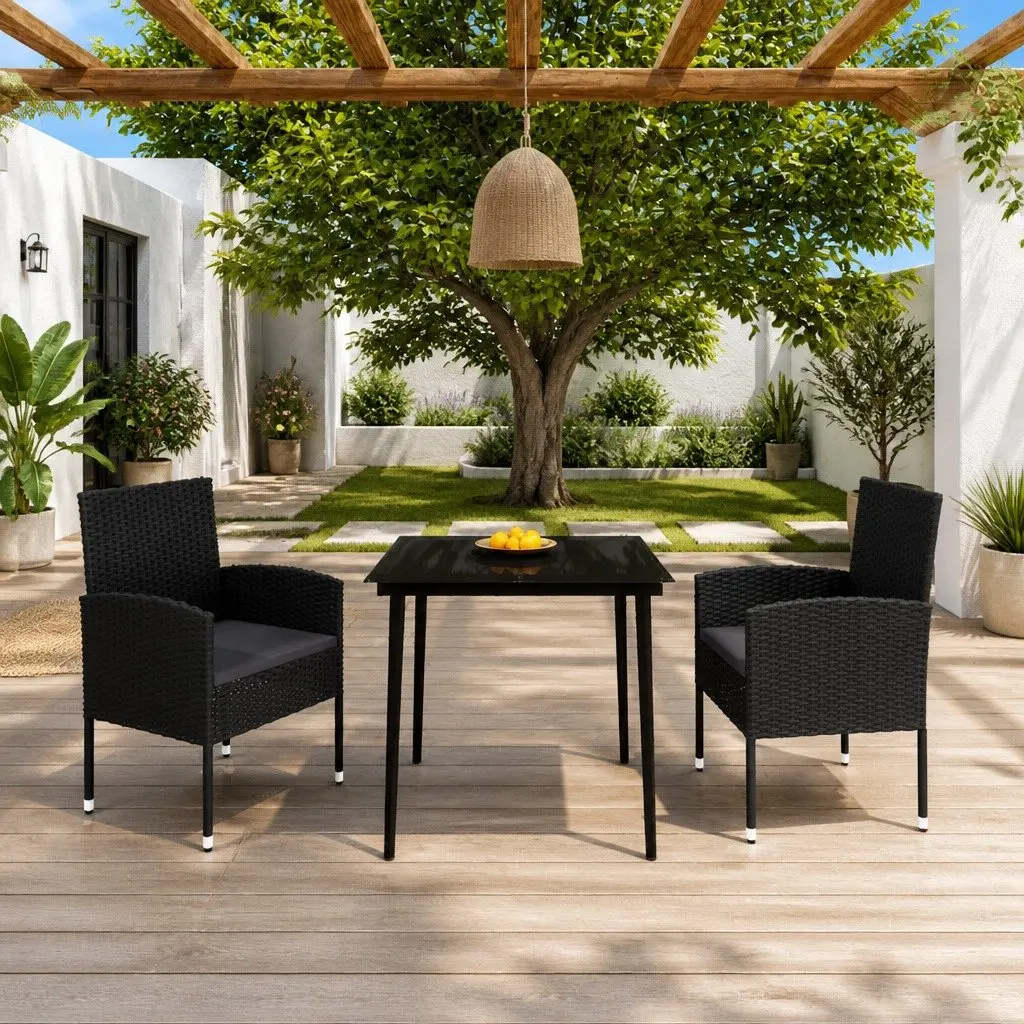 3 Piece Garden Dining Set Black Rattan Chairs Steel Frame Glass Table