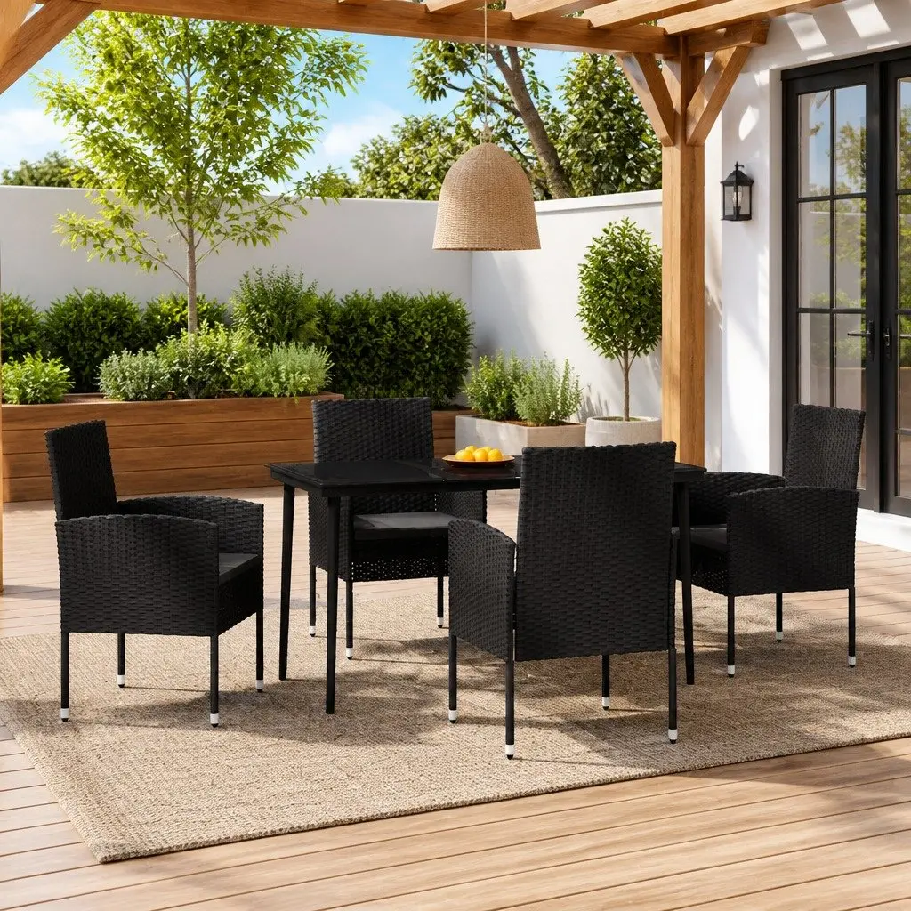 Outdoor Dining Set 5 Piece Black Rattan Chairs Glass Table Steel Frame Patio