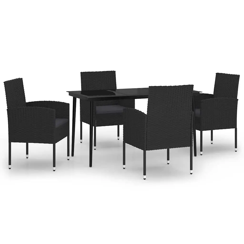 Outdoor Dining Set 5 Piece Black Rattan Chairs Glass Table Steel Frame Patio