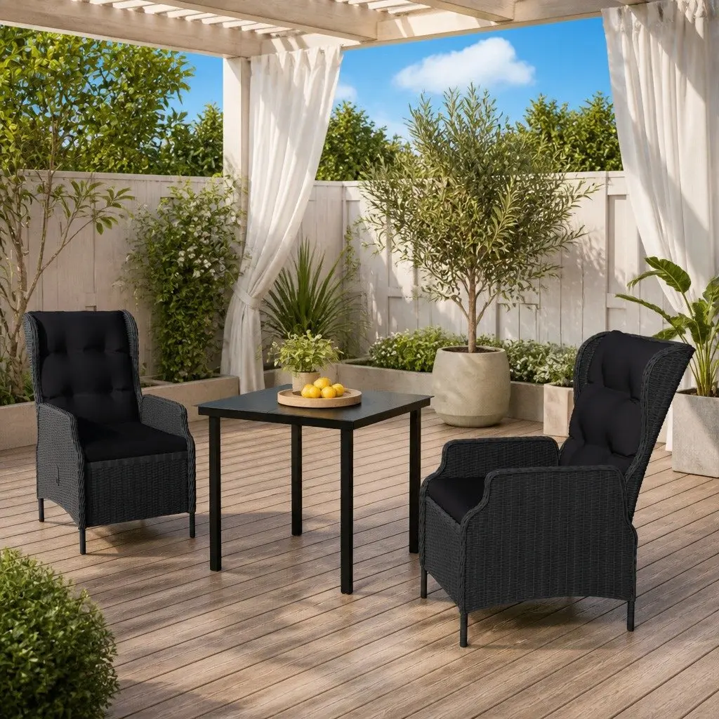Garden Dining Set 3 Piece Outdoor Patio Furniture Reclining Chair Glass Table