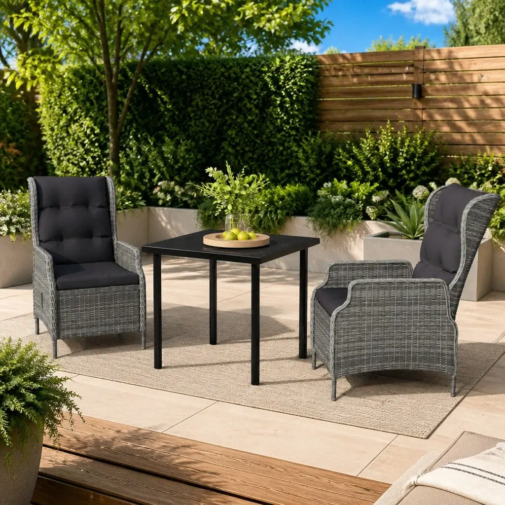 Garden Dining Set 3 Piece Outdoor Furniture Grey Reclining Chairs Glass Table