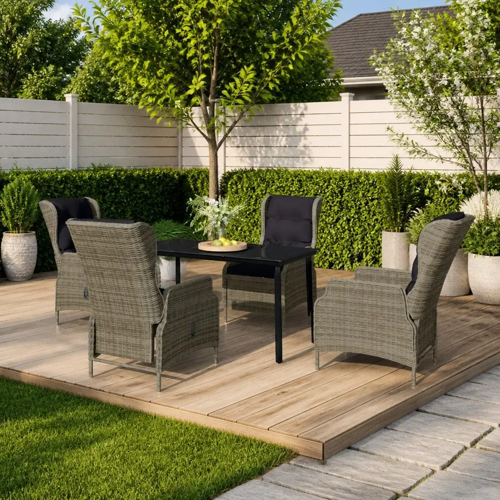 5 Piece Outdoor Garden Dining Set Reclining Chairs Glass Table Steel Frame