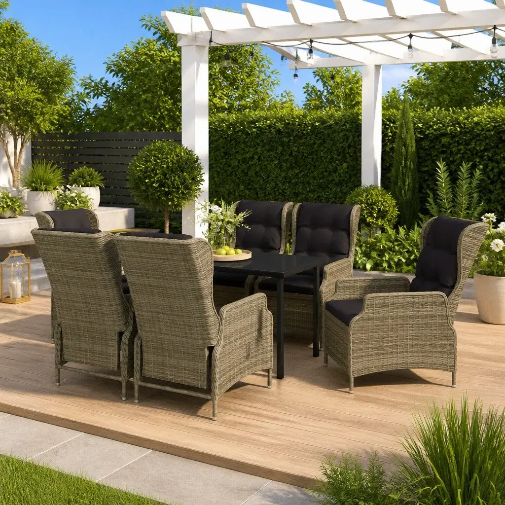 7 Piece Garden Dining Set Outdoor Patio Furniture Brown Reclining Chairs Glass Top