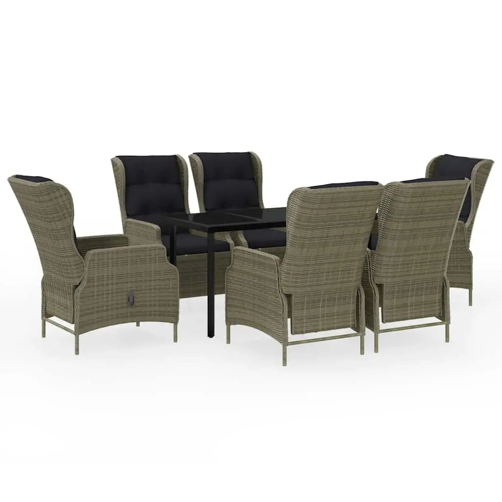 7 Piece Garden Dining Set Outdoor Patio Furniture Brown Reclining Chairs Glass Top