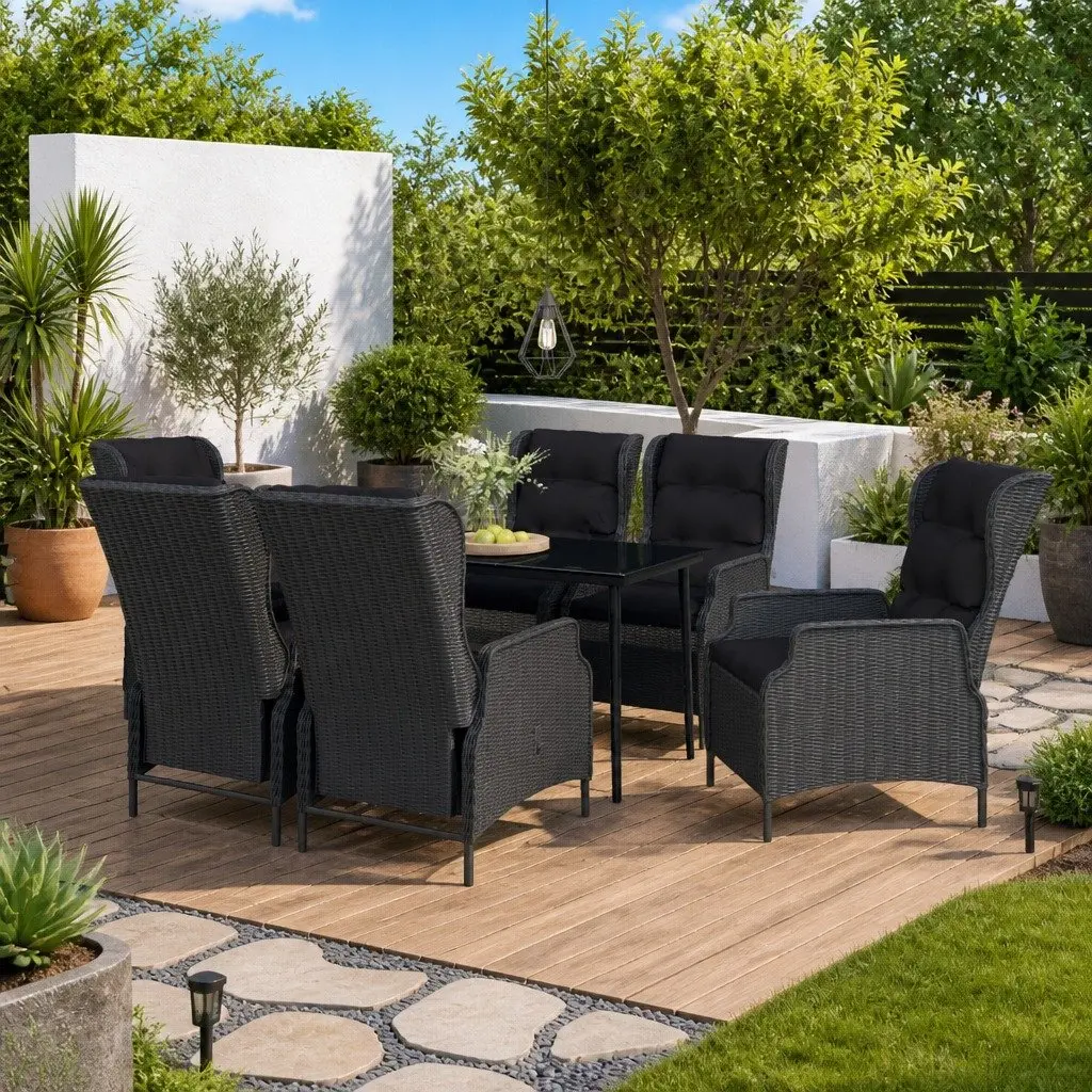 Outdoor Garden Dining Set 7 Piece Grey Rattan Chairs Glass Table