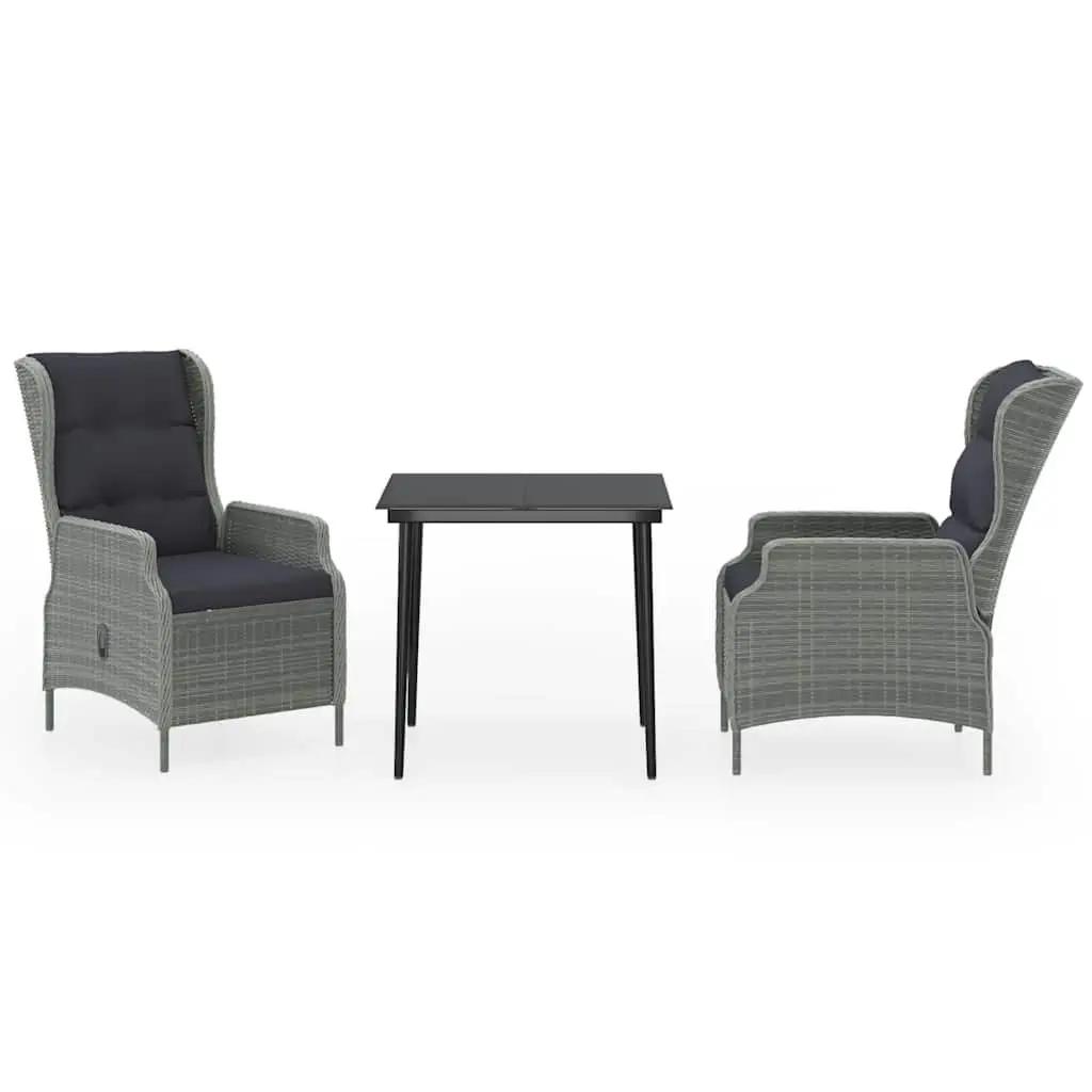 3 Piece Garden Dining Set Outdoor Patio Furniture Grey Reclining Chairs Glass Tabletop