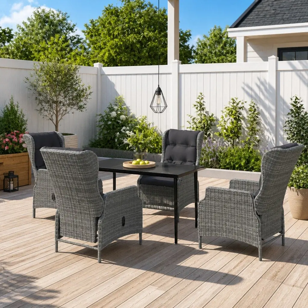 Garden Dining Set 5 Piece Outdoor Furniture Grey Reclining Chairs Glass Table