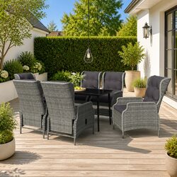 7 Piece Outdoor Garden Dining Set Grey Rattan Chairs Glass Table Patio Furniture