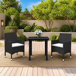 Outdoor Dining Set 3 Piece Garden Furniture Black Poly Rattan Glass Table Chairs