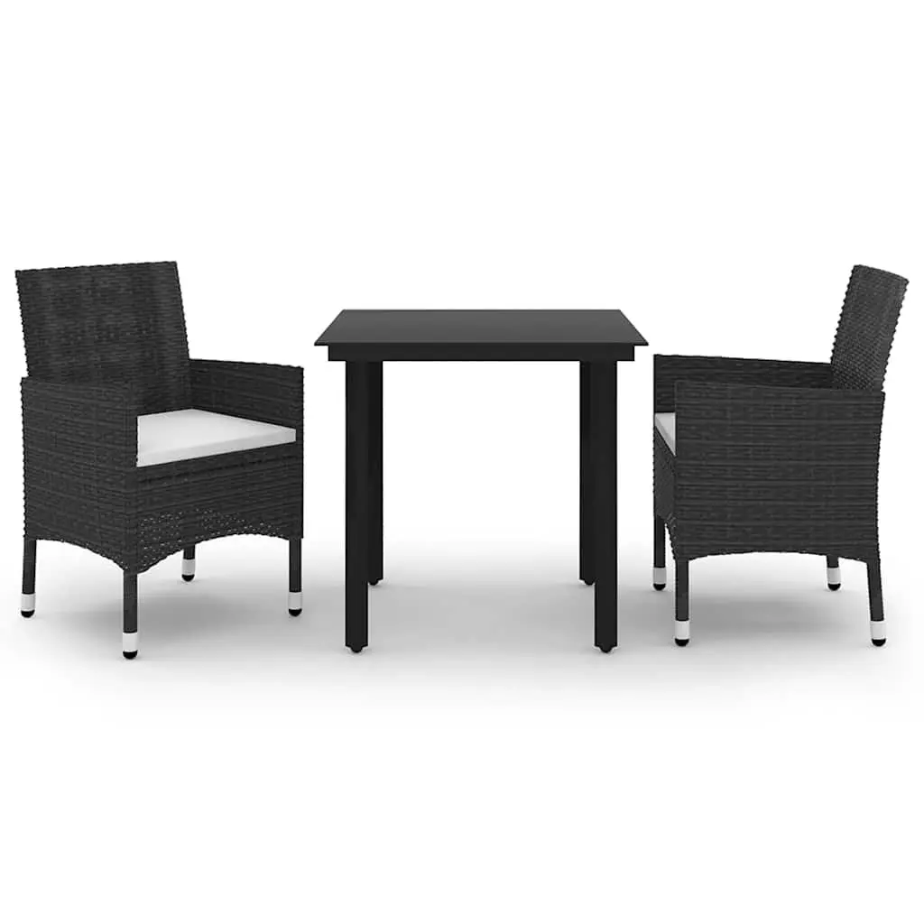 Outdoor Dining Set 3 Piece Garden Furniture Black Poly Rattan Glass Table Chairs