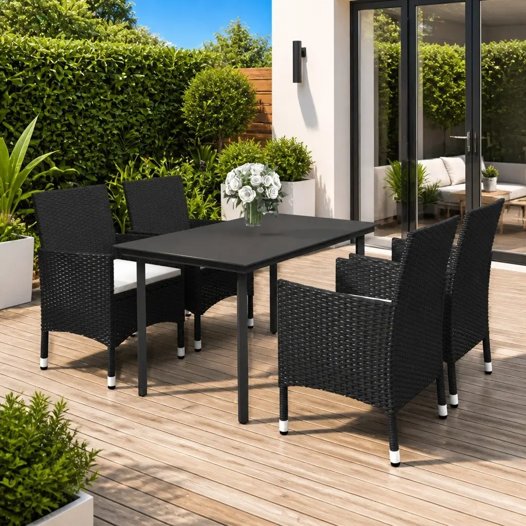 5 Piece Outdoor Garden Dining Set with Glass Tabletop and Rattan Chairs