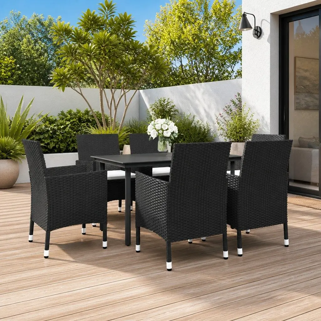 7 Piece Outdoor Dining Set Weather-Resistant PE Rattan Glass Table and Chairs Black