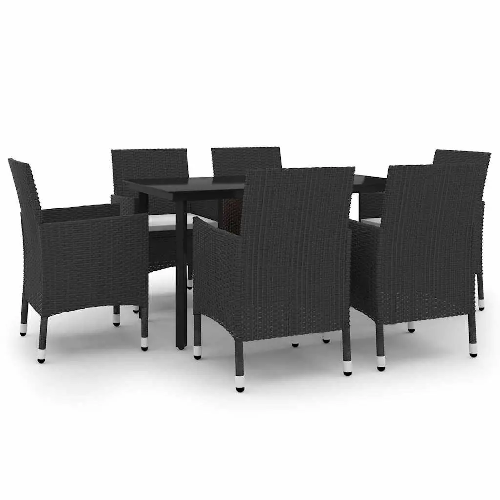 7 Piece Outdoor Dining Set Weather-Resistant PE Rattan Glass Table and Chairs Black