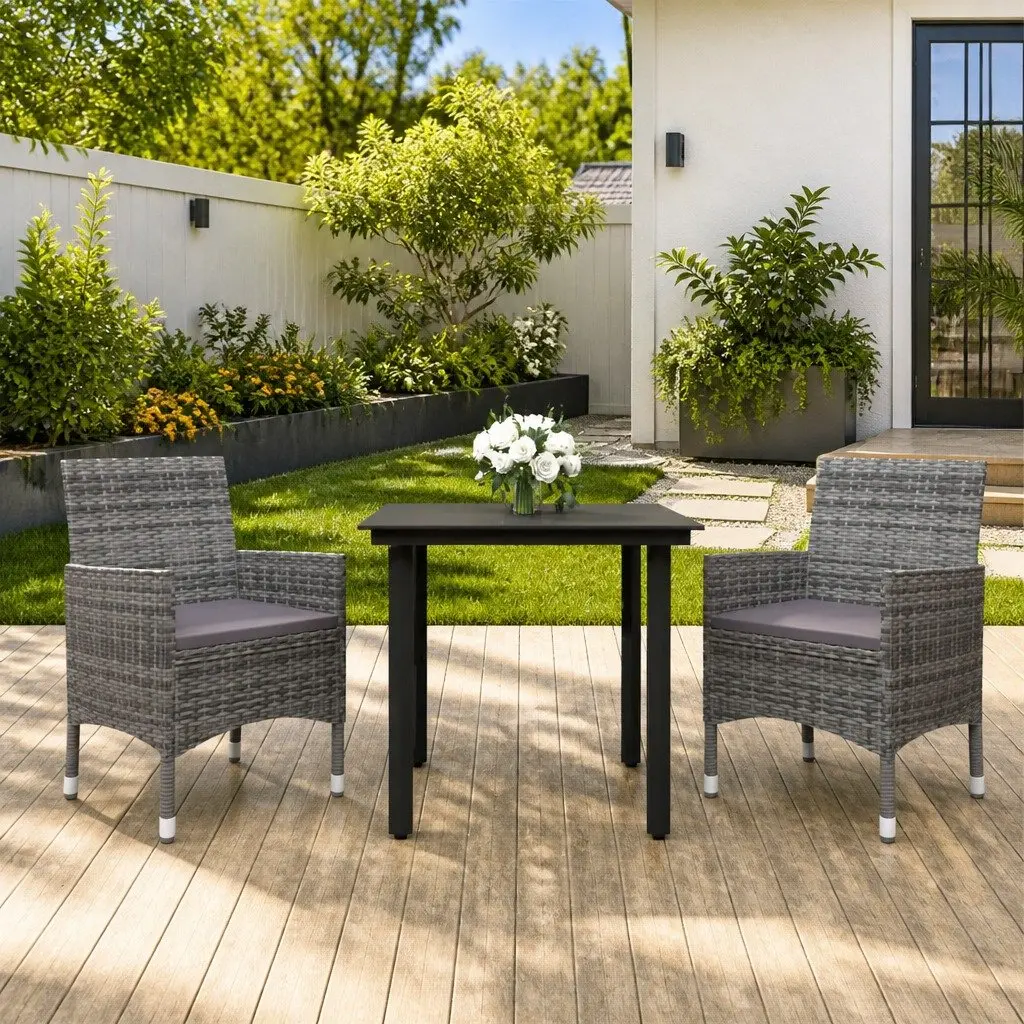 Outdoor Dining Set Grey Rattan Chairs Glass Table 3 Piece