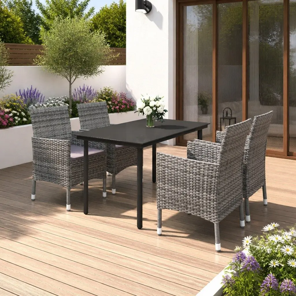 Outdoor Dining Set Grey Rattan Chairs Glass Table 5 Piece Weather Resistant