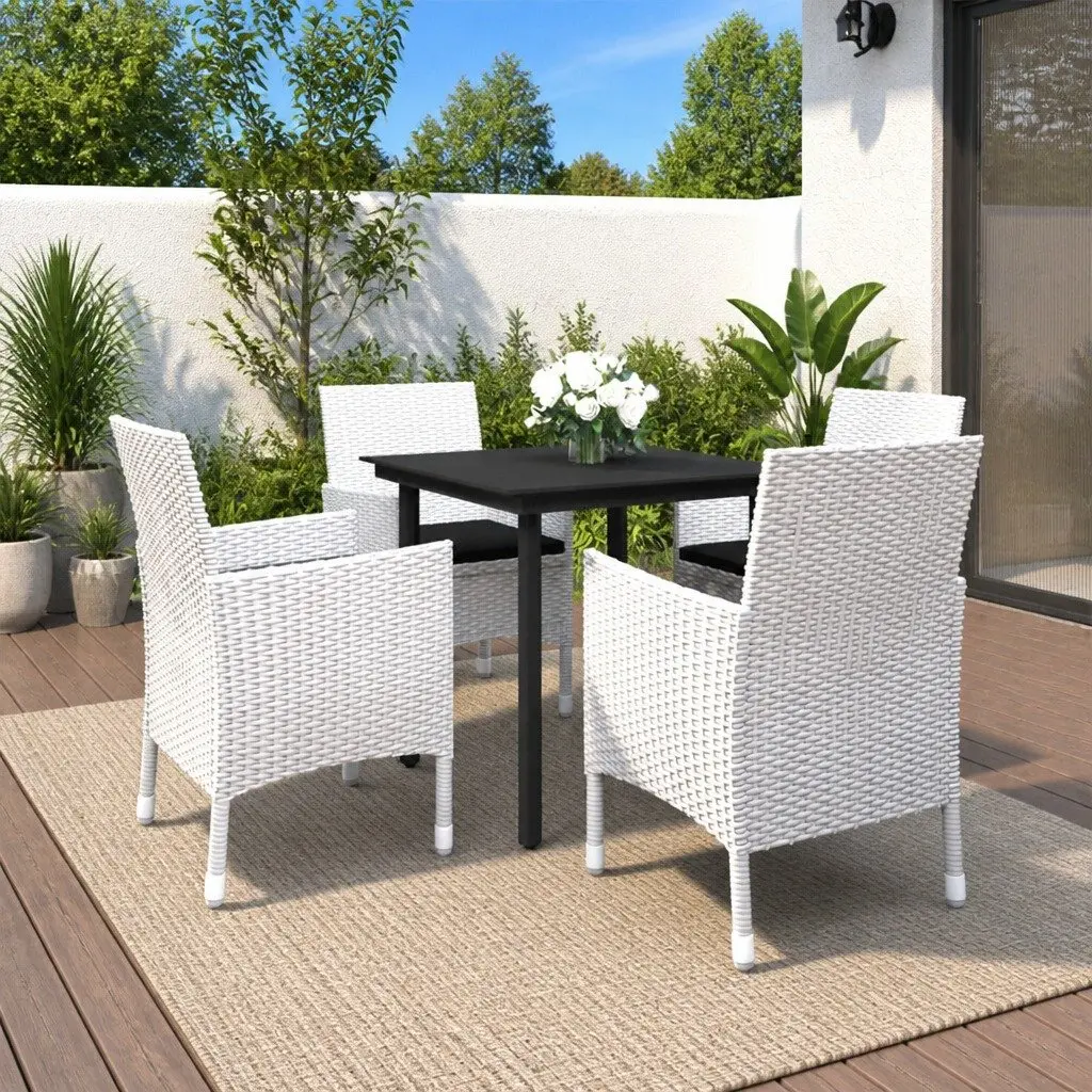 5 Piece Outdoor Dining Set Weather-Resistant PE Rattan Glass Table Padded Chairs