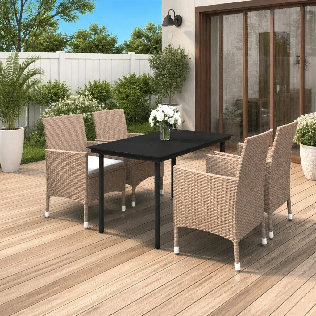 Garden Dining Set 5 Piece Outdoor Furniture Weather Resistant PE Rattan Glass Table Chairs Beige