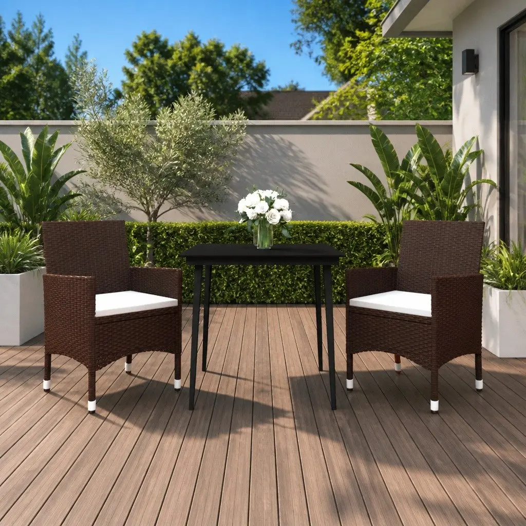 Outdoor Furniture Set 3 Piece Brown PE Rattan Glass Top Table with Cushioned Chairs