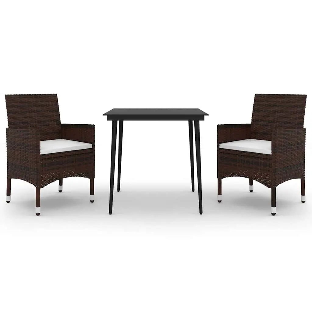 Outdoor Furniture Set 3 Piece Brown PE Rattan Glass Top Table with Cushioned Chairs