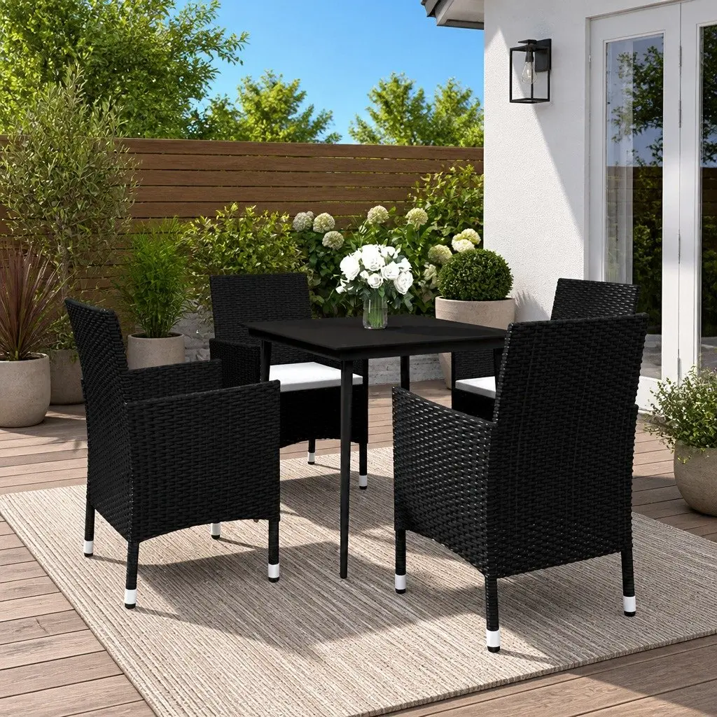 Outdoor Garden Dining Set Glass Table Poly Rattan Chairs with Cushions 5 Piece