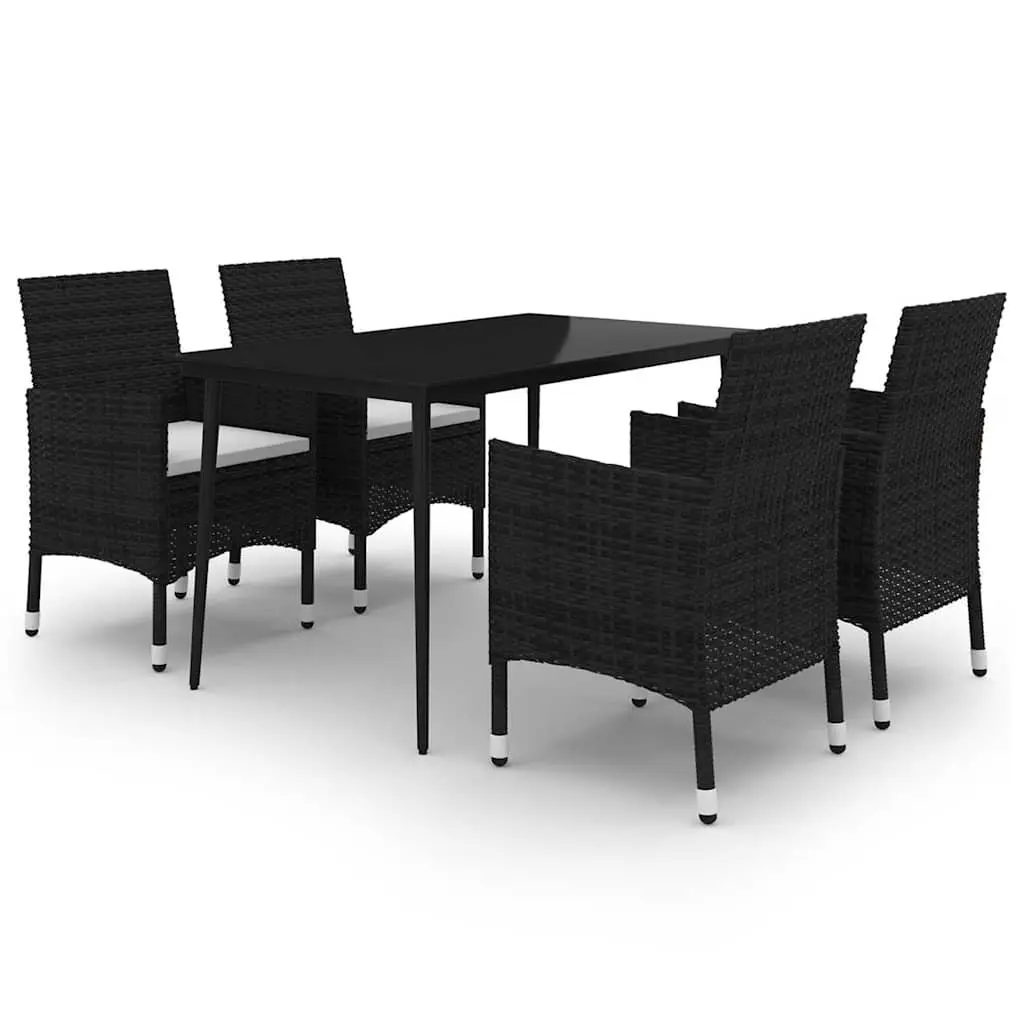 Outdoor Furniture Set 5 Piece Black Poly Rattan Dining Chairs Table with Glass Top