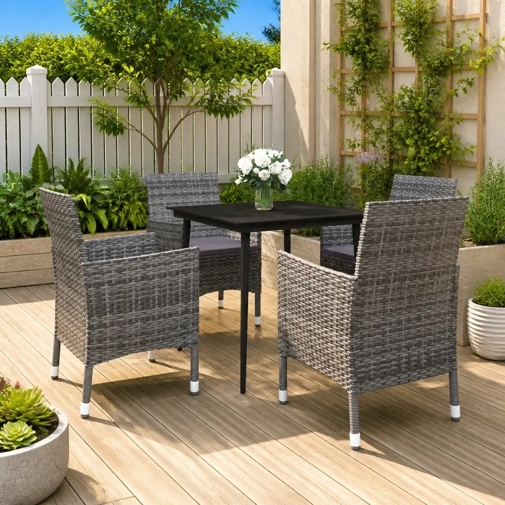 Garden Dining Set 5 Piece Outdoor Furniture Grey Poly Rattan Glass Table Chairs