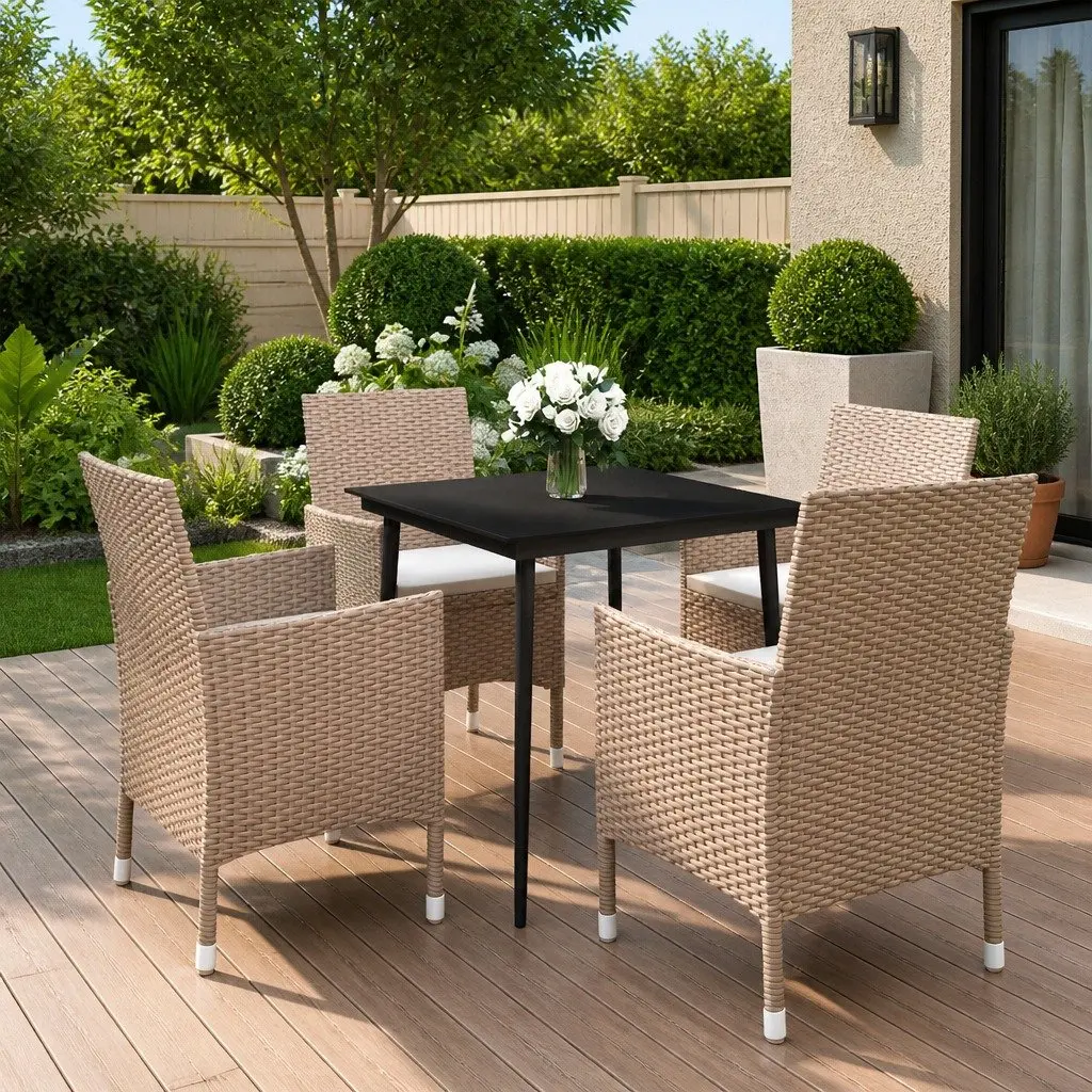 Garden Dining Set 5 Piece Outdoor Furniture Rattan Chairs Glass Table Beige
