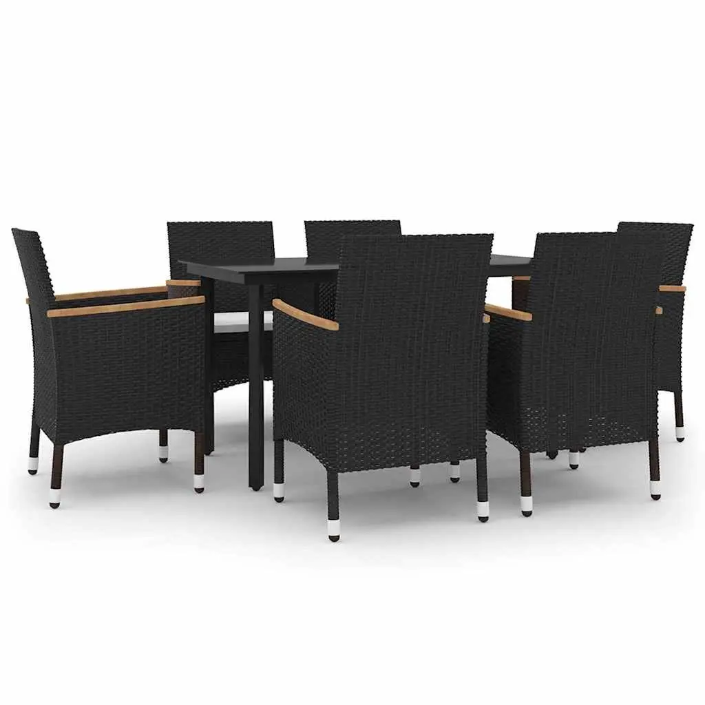 Outdoor Dining Set 7 Piece Garden Furniture Black Poly Rattan Glass Table Chairs