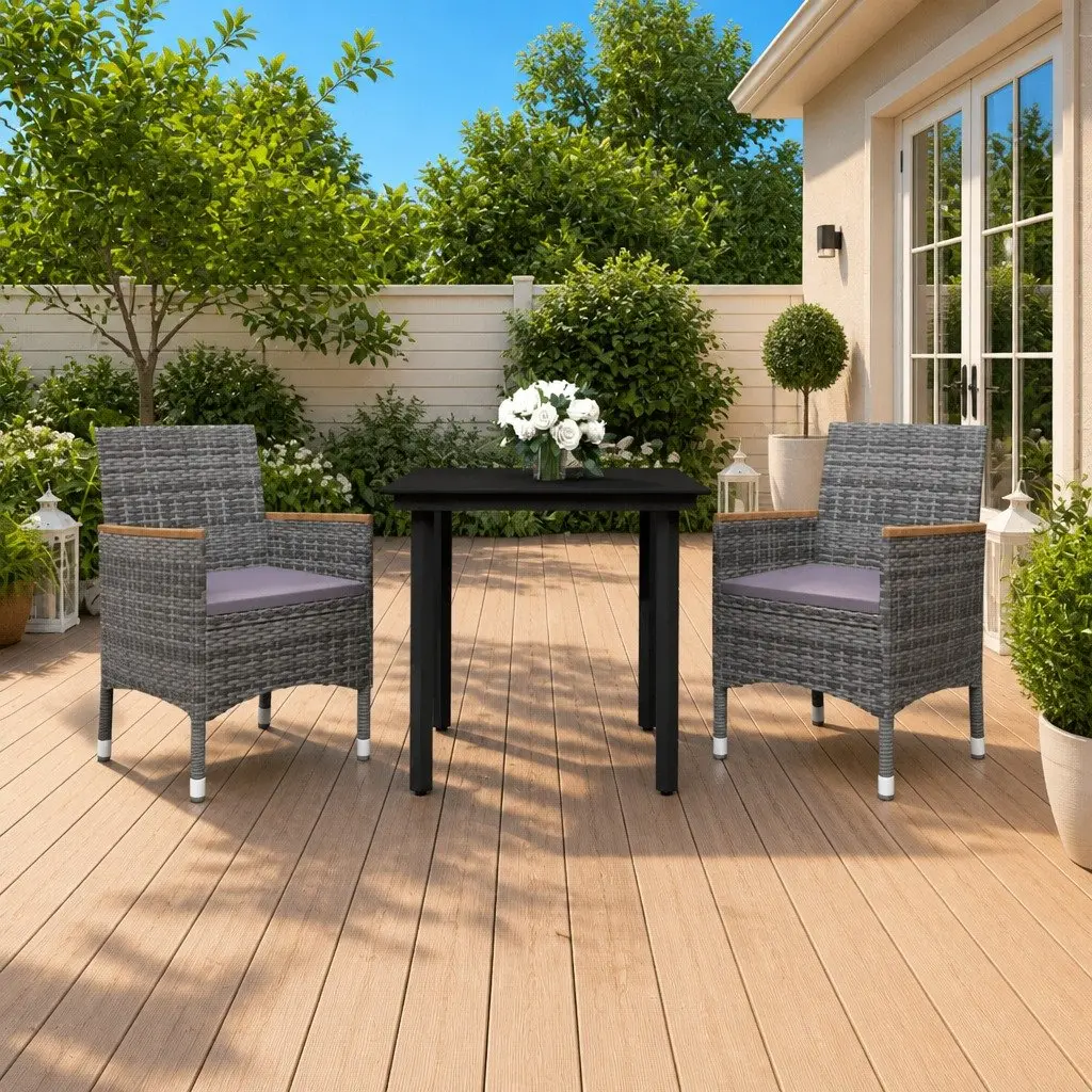 Outdoor Dining Set Grey PE Rattan Chairs Glass Table 3 Piece