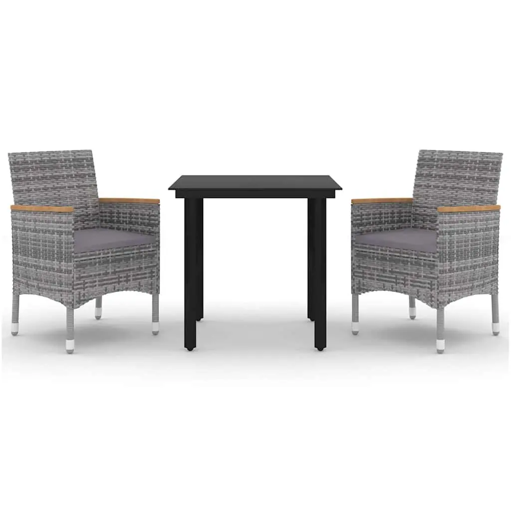 Outdoor Dining Set Grey PE Rattan Chairs Glass Table 3 Piece